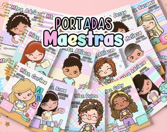 PORTADAS MAESTRAS CUTE / 30 Archivos Digitales / Portadas Escolares / Diseño Profesoras / 15 portadas coloridas