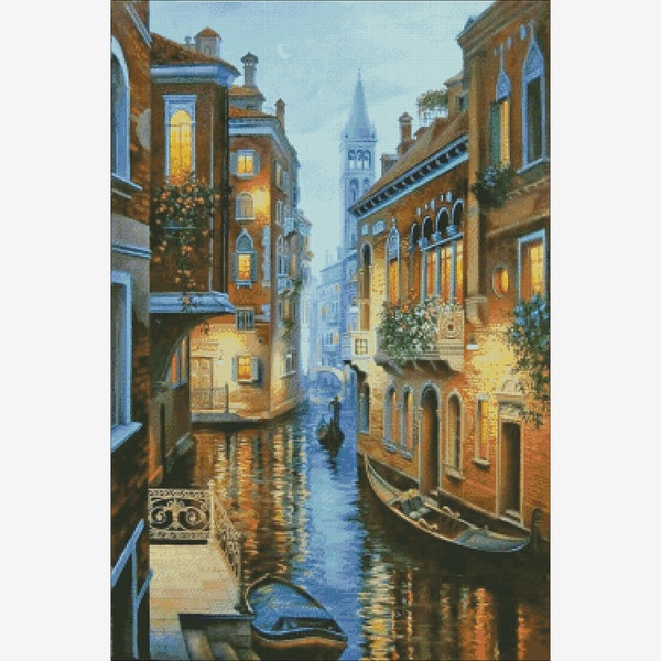 Venice at Night 2 Cross Stitch Pattern Landscape Instant Download PDF, Counted Cross Stitch, Pattern Keeper, Saga