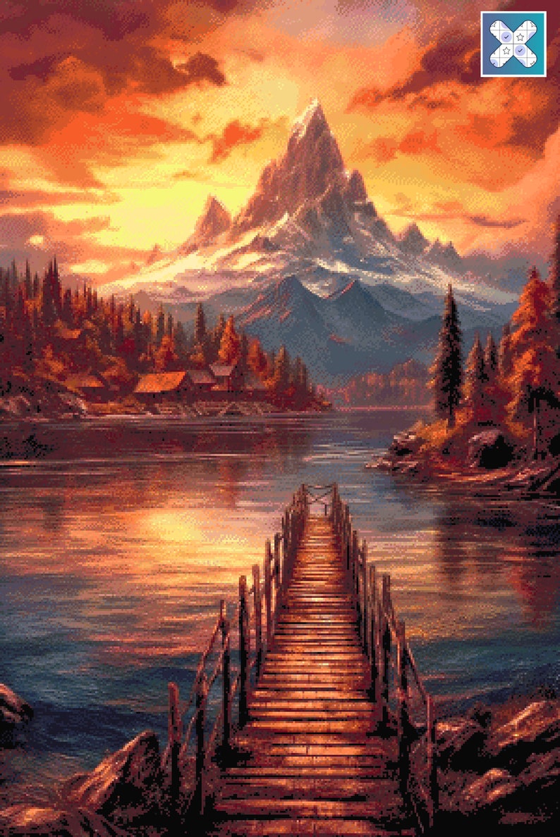 Mountain Village Cross Stitch Pattern, Landscape Instant Download PDF