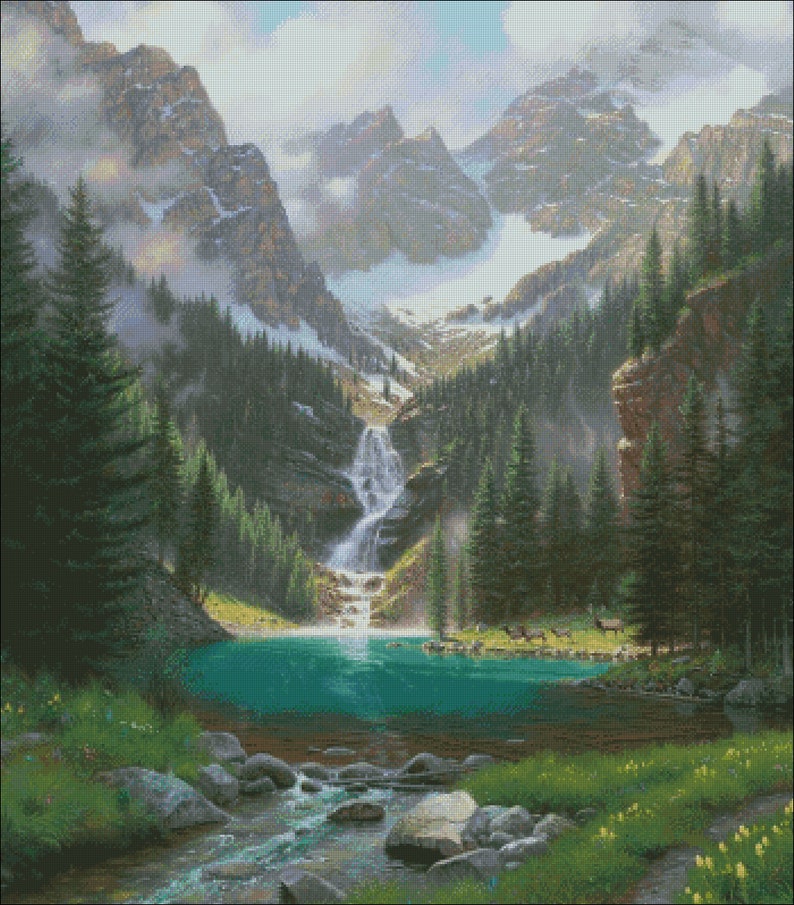 Mountain Lake Cross Stitch Pattern, Landscape Instant Download PDF