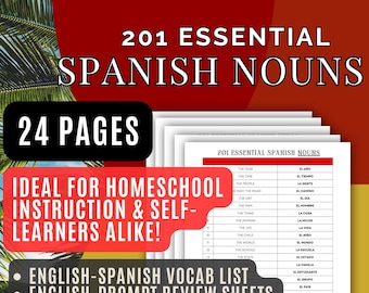 Spanisch lernen 201 Essential Nouns Homeschool Vokabeln & Arbeitsblätter Digitaler PDF-Download (24 Seiten)