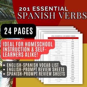Learn Spanish 201 Essential Verbs Homeschool Vocabulary & Worksheets Digital PDF Download (24 Pages)