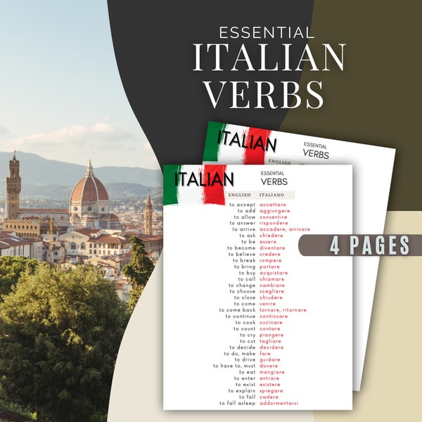 Learn Italian - Essential Verbs, High Frequency Vocabulary List, Instant Digital Download, Italian Language Worksheet Study Guide