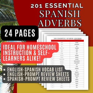 Learn Spanish 201 Essential Adverbs Homeschool Vocabulary & Worksheets Digital PDF Download (24 Pages)