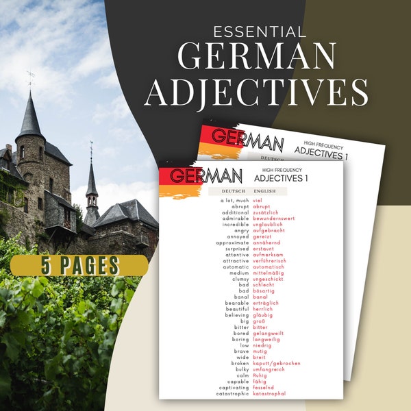 Learn German - Essential Adjectives, High Frequency Vocabulary List, Instant Digital Download, German Deutsch Language Worksheet Study Guide