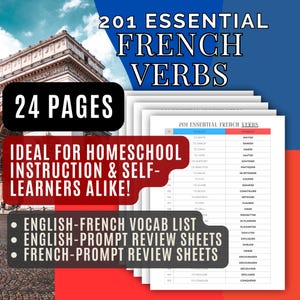 Könnte beinhalten: Ein Lernmaterial mit dem Titel "201 Essential French Verbs" mit 24 Seiten. Das Cover zeigt Text und eine Liste von Verben. Enthält englisch-französische Vokabellisten und Übungsblätter. Ideal für Homeschooling.