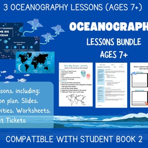 Può includere: Un download digitale colorato per insegnare l'oceanografia ai bambini dai 7 anni in su. Il download include tre lezioni, ognuna con un piano di lezione, diapositive, attività, fogli di lavoro e biglietti di uscita. Le lezioni sono compatibili con il Libro dello Studente 2. L'immagine presenta uno sfondo oceanico blu con razze e pesci dei cartoni animati, e una varietà di fogli di lavoro colorati.