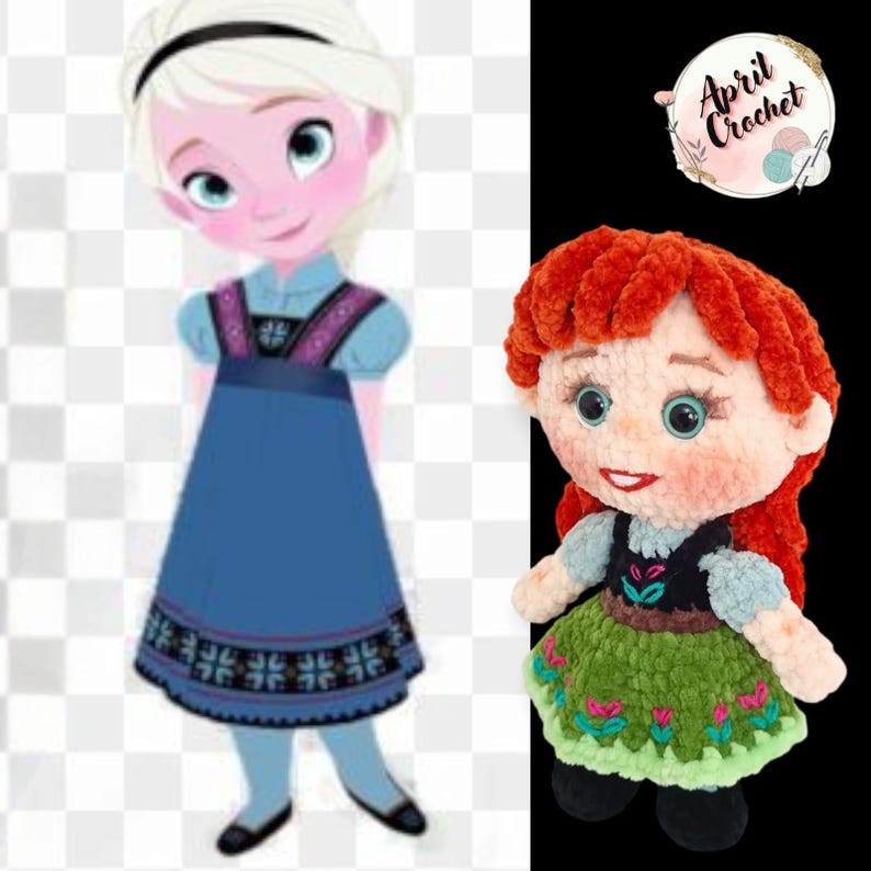 Op de afbeelding: De afbeelding toont twee poppen. De ene is een cartoonillustratie van een meisje in een blauwe jurk. De andere is een handgemaakte gehaakte pop met rood haar, een groene rok en een zwarte top. De pop heeft een lachend gezicht en staat op een zwarte achtergrond.