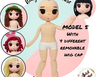 30 cm tall Amigurumi Crochet Doll Base English Pattern for crochet lovers,instant download PDF,basic body doll girl with 4 removable wig cap
