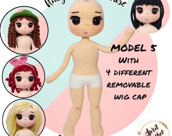 Amigurumi Doll Base Crochet Pattern: 30 cm tall Girl Body with four Wig Caps