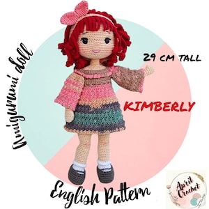 Kimberly the Amigurumi Crochet Doll English PDF Pattern.29 cm tall. Dress crocheted with 100%slim Acrylic yarn. Custom made wig and headband