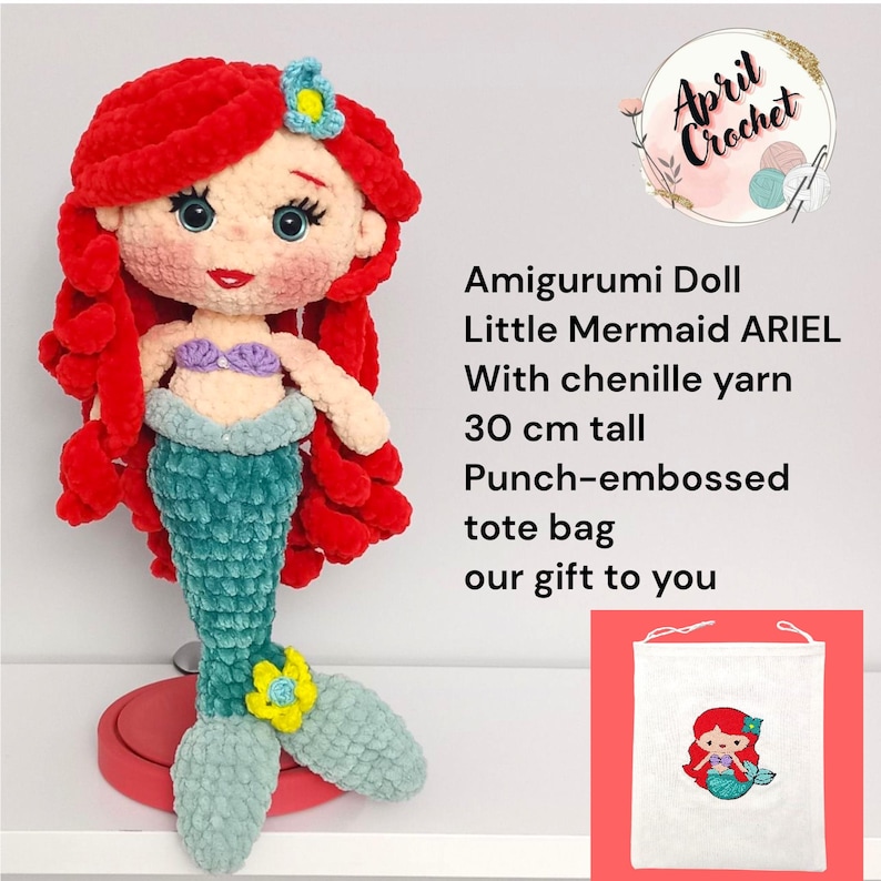 Muñeca de ganchillo de la princesa Ariel: Juguete amigurumi de terciopelo. 30 cm de altura. imagen 1