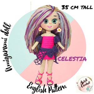 Celestia the Amigurumi Crochet Doll English PDF Pattern. 35 cm tall.The unicorn baby of the Baby April series.With removable dress and shoes