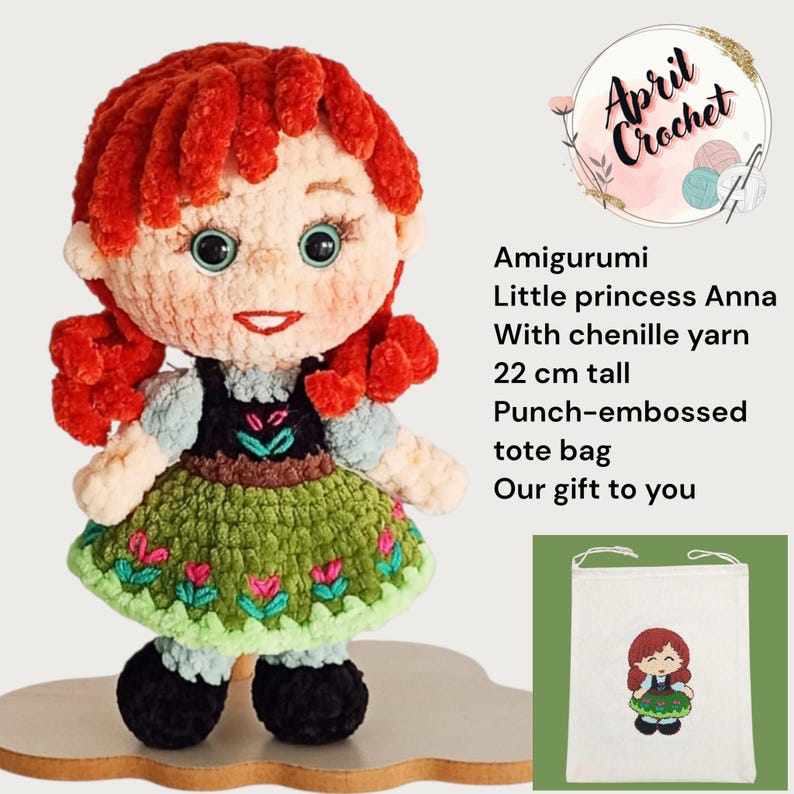 Anna Crochet Doll: Velvet Amigurumi Princess Toy 22 CM tall afbeelding 1