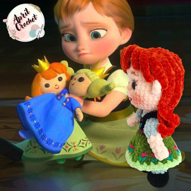 Op de afbeelding: Gehaakte pop met rood haar en een groene jurk, naast een cartoonafbeelding van een personage dat twee poppen vasthoudt. De pop heeft een zwart vest. Het logo "April Crochet" staat in de linkerbovenhoek.
