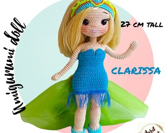 Clarissa the Amigurumi Crochet Doll English PDF Pattern. 27 cm tall. "Peacock themed Carnival costume" Wig,dress, shoes and crown patterns