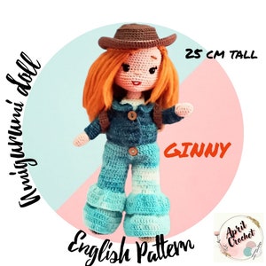 May include: Crochet doll pattern for a 25-inch tall doll named Ginny. The doll is wearing a blue denim jacket, blue and white striped pants, and a brown cowboy hat. The pattern is available in English.