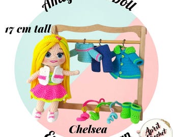 Chelsea Amigurumi Doll Crochet Pattern.  17 cm. English PDF tutorial