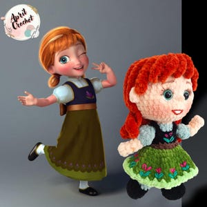 Op de afbeelding: De afbeelding toont een stripfiguur en een gehaakte pop, beide lijkend op Anna uit Frozen. De stripfiguur Anna knipoogt en maakt een vredesteken. De gehaakte pop heeft rood haar, een groene jurk en een zwart topje. De afbeelding bevat de tekst "April Crochet".