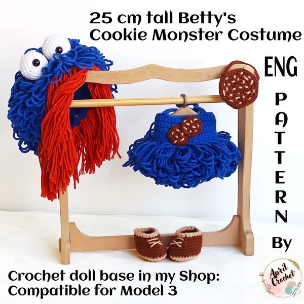 Crochet Doll Clothes English PDF Pattern for 25 cm tall Amigurumi Betty Doll.Cookie Monster Wig,dress,bag and shoe patterns instant download