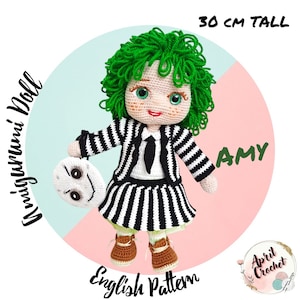 Amy the Amigurumi Crochet Doll English PDF Pattern. 30 cm tall. The green haired baby of the Baby April series. With Beetlejuice Costume