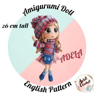 Adela Amigurumi docka virkad engelsk PDF-mönster. Med vinterkläder