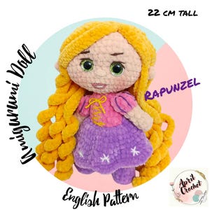 Rapunzel princess Amigurumi Crochet Doll English PDF Pattern. No-Sew. With Velvet yarn.