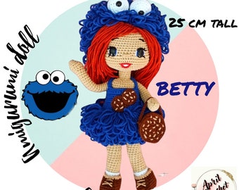 Betty the Amigurumi Crochet Doll English PDF Pattern. 25 cm tall. Cookie Monster Wig Cap, dress, shoes and bag pattern instant download