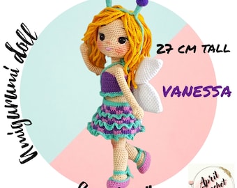 Vanessa the Amigurumi Crochet Doll English PDF Pattern. 27 cm tall.  "Butterfly costume"Bustier, skirt, shoes, wings and hairband.