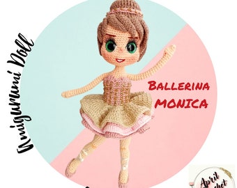 Monica Crochet amigurumi-ballerinapop Engels pdf-patroon.  Uitneembare jurk en schoenen