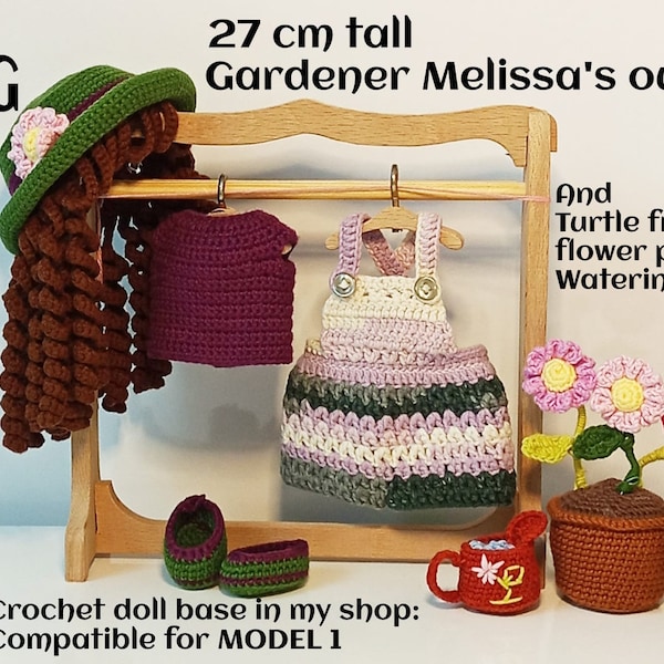 Crochet Doll Clothes English Pattern for 27 cm tall Gardener Melissa. Wig,salopet,blouse,hat,shoes,and turtle friend,flower pot,watering can