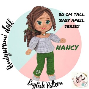 Nancy the Amigurumi Crochet Doll English PDF Pattern. 30 cm tall. The auburn baby of the Baby April series.with Sparkly sweater&heeled shoes
