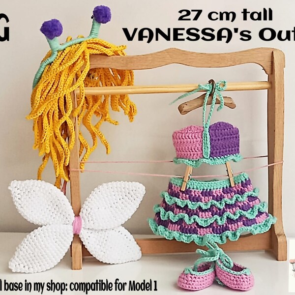 Crochet doll Outfit "Butterfly costume" for Vanessa the doll , ENGLISH PATTERN PDF, for 27 cm doll.  Bustier,skirt,shoes,wings and hairband