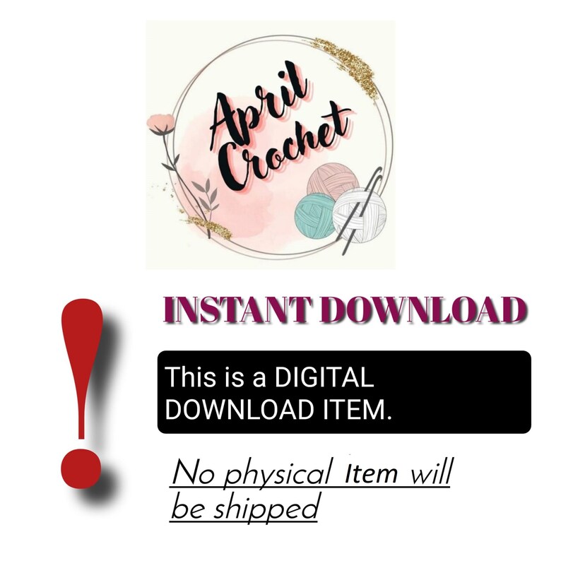 以下が含まれることがあります： 「April Crochet」の文字が入ったデジタルダウンロードグラフィック。円形のデザインの中に毛糸玉と鉤針が描かれています。画像には「INSTANT DOWNLOAD」と「This is a DIGITAL DOWNLOAD ITEM.」の文字も含まれています。