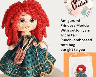 Muñeca de ganchillo Princesa Mérida: Juguete amigurumi inspirado en "Valiente". 17 cm de alto.