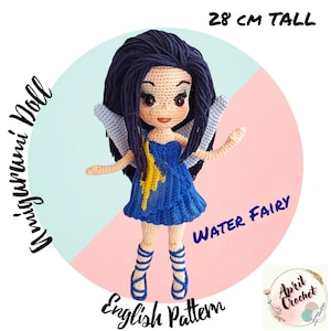Crochet amigurumi pattern doll for Water Fairy PDF in English Pattern.28 cm tall. Wig cap,removable Fairy dress,shoes and wings.Gift for her