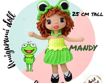 Mandy the Amigurumi Crochet Doll English PDF Pattern. 25 cm tall. Green frog Wig Cap, dress,  shoes pattern instant download