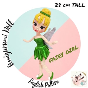 Crochet amigurumi pattern doll for Fairy Tink PDF in English Pattern. 28 cm tall. Fairy costume.skirt,shoes,wings. Clothes are not removable