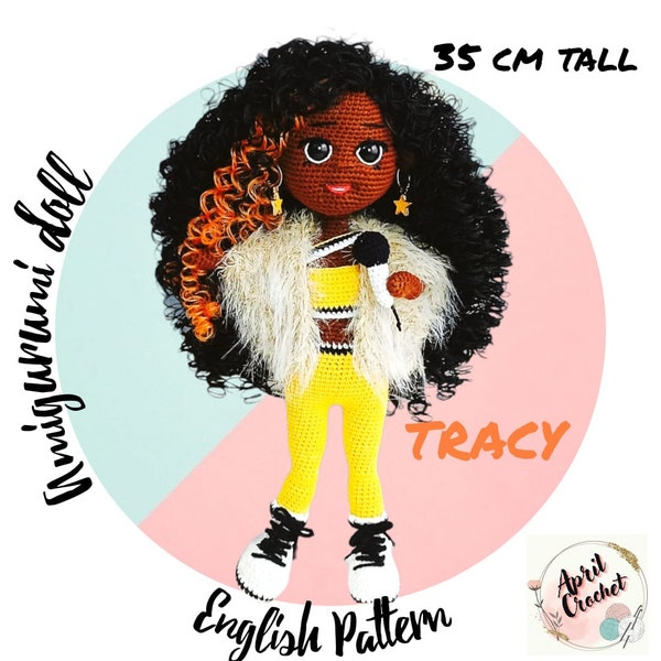 Tracy the Amigurumi Crochet Doll English PDF Pattern. 35 cm tall. The afro baby of the Baby April series. With removable bustier,fur,boots