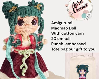 Muñeca de anime de ganchillo Maomao: juguete amigurumi inspirado en "Boticario". 20 cm de alto.