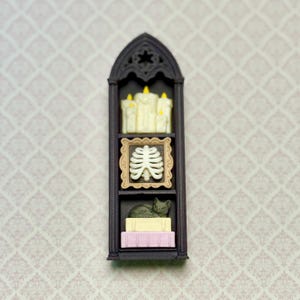 May include: A tall, dark, arched display shelf with three levels. The top shelf holds a cluster of white candles with yellow flames. The middle shelf features a white ribcage in a tan frame. The bottom shelf contains a cat on two stacked books.