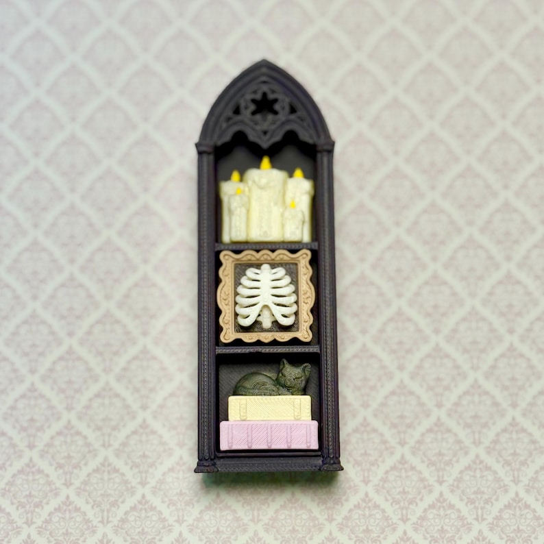 May include: A tall, dark, arched display shelf with three levels. The top shelf holds a cluster of white candles with yellow flames. The middle shelf features a white ribcage in a tan frame. The bottom shelf contains a cat on two stacked books.