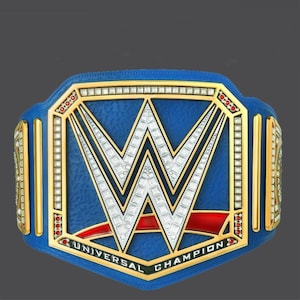 May include: A blue and gold wrestling championship belt with a red stripe and the words "Universal Champion".