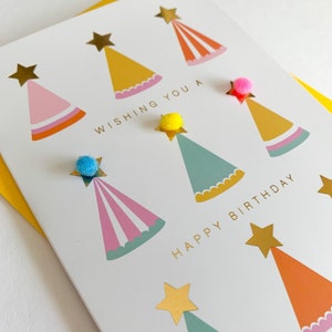 Party Hats Pom-Pom Birthday Greeting Card, Kids Birthday Card, Funny Birthday Card, Cute Birthday Card, Gold Foil Birthday Card