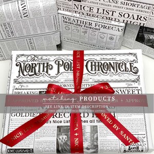 May include: Gift-wrapped presents with newspaper-themed wrapping paper and red ribbon. The main package features "The North Pole Chronicle" headline. Other packages display headlines like "Weather Forecast" and "Nice List Soars".