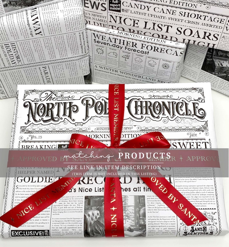 May include: Gift-wrapped presents with newspaper-themed wrapping paper and red ribbon. The main package features "The North Pole Chronicle" headline. Other packages display headlines like "Weather Forecast" and "Nice List Soars".