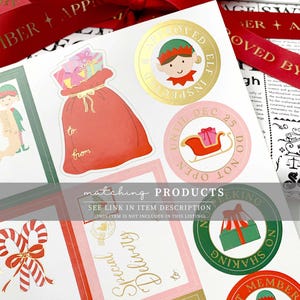 May include: A sheet of Christmas-themed stickers with various designs. Includes a red sack of gifts, an elf, a sleigh with a gift, and a candy cane. The text "matching products" and "special delivery" are also visible.