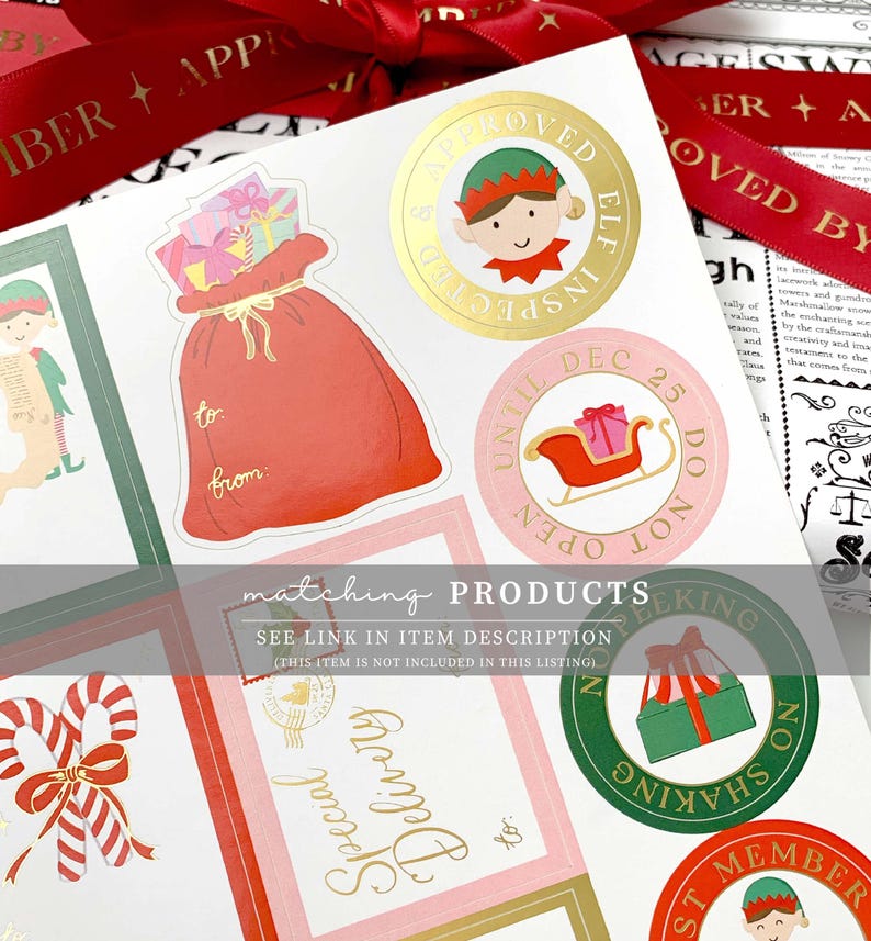 May include: A sheet of Christmas-themed stickers with various designs. Includes a red sack of gifts, an elf, a sleigh with a gift, and a candy cane. The text "matching products" and "special delivery" are also visible.