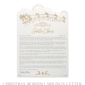 May include: A white letter from Santa Claus featuring gold foil illustrations of a sleigh pulled by reindeer at the top and bottom. The text reads From the Desk of Santa Claus, Official North Pole Mail, Sent by Magic, and includes a printed message.