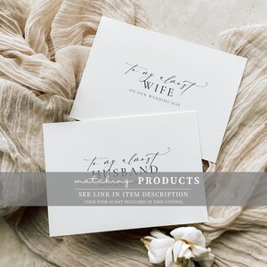 May include: Two white cards with black calligraphy text. The top card says "To my almost wife on our wedding day". The bottom card says "To my almost husband on our wedding day matching products see link in item description (this item is not included in this listing)"